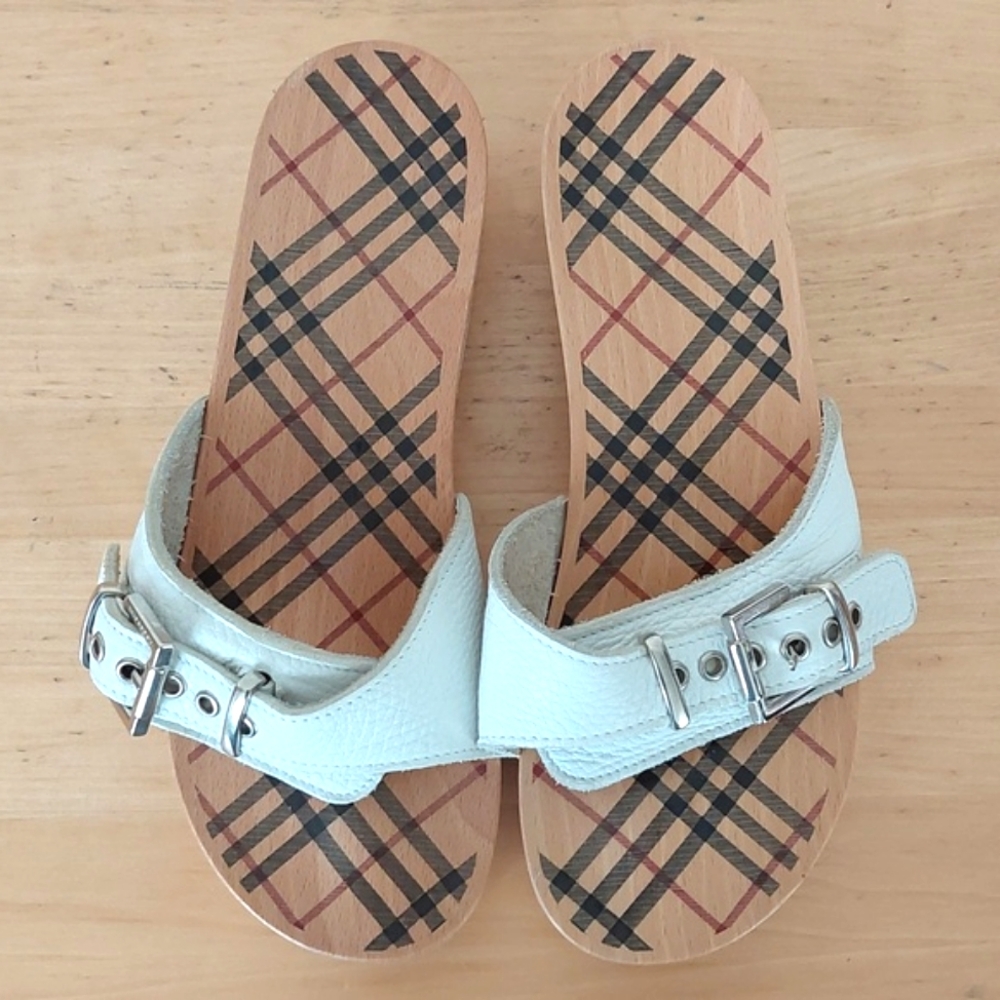 Buberry White Leather Wood Platform Sandals